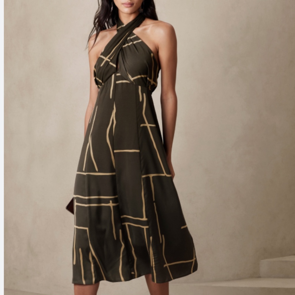 Banana Republic Halter Midi Dress in a black and beige geometric print.